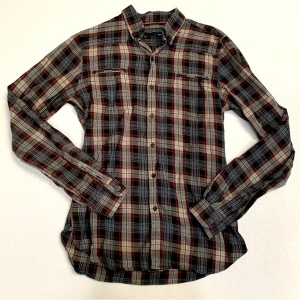 THE KOOPLES Plaid flannel button up shirt brown black skulls academia Longsleeve
